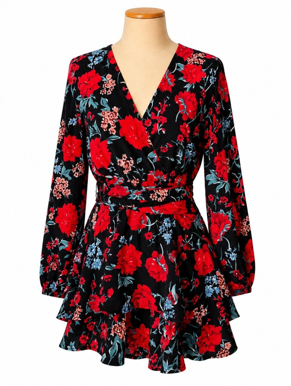 Floral Black Red Long Sleeve Romper Shorts Size S